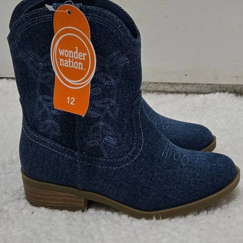 Girls New Side Zip Unlined Flexible Outsole Fabric Upper Denim Western Boots